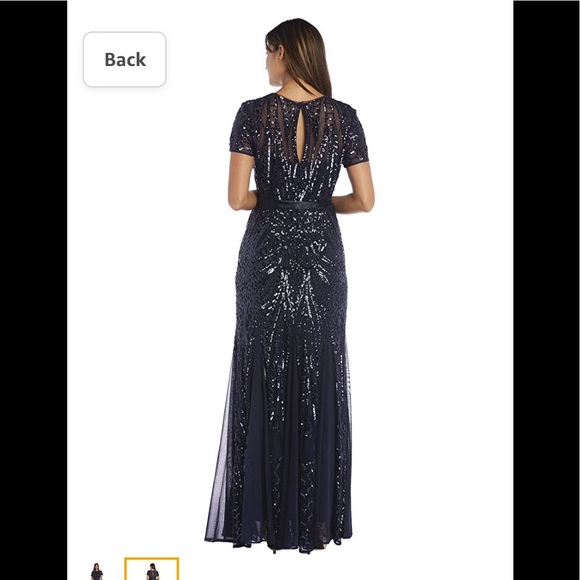 R & M Richards Women's Sequined Open Back Gown Navy Size 8 Pettite